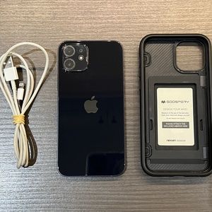 Unlocked Black iPhone 12 64GB with iOS 16 in good condition with free cable